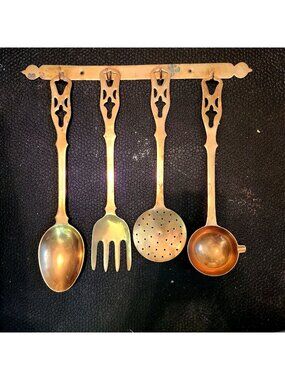 Vintage Brass Wall-Mounted Large Kitchen Utensil Set With Rack - Includes Spoon